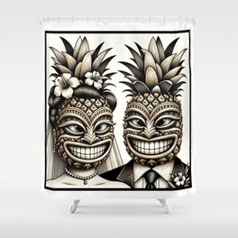 Bride and Groom Aloha Pineapple Tiki Heads Shower Curtain