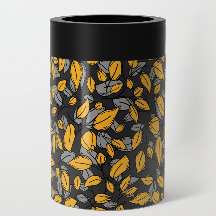 Yellow black floral silhouette pattern Can Cooler