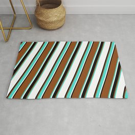 [ Thumbnail: Brown, Turquoise, White, and Black Colored Lines/Stripes Pattern Rug ]
