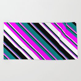 [ Thumbnail: Teal, Fuchsia, White, and Black Colored Lined/Striped Pattern Beach Towel ]