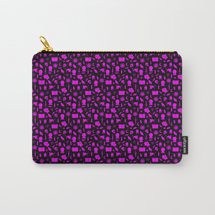 Small Bright Dayglo Pink Halloween Motifs Skulls, Spells & Cats on Spooky Black Carry-All Pouch