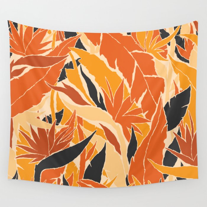 Bird of Paradise Exotic Jungle plants pattern. Contemporary Art Digital illustration background.  Wall Tapestry