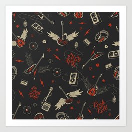 Electric Rock and Roll with Winged Guitars in gray and red colors on black background Art Print