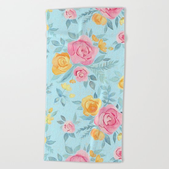 Chalk Pastel Pink & Orange Roses on Sky Blue Beach Towel