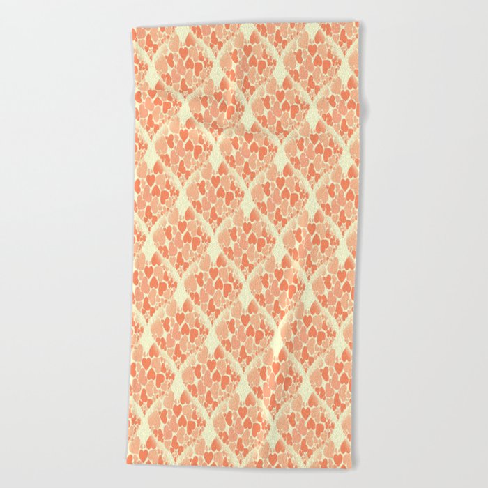 When Hearts Meet Together Pattern - Peach Hearts (On Cream) Beach Towel