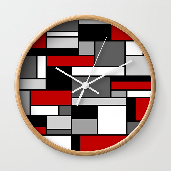 Mid Century Modern Color Blocks in Red, Gray, Black and White Wall Clock