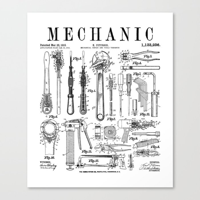 Mechanic Car Guy Garage Repair Tools Vintage Patent Print Canvas Print