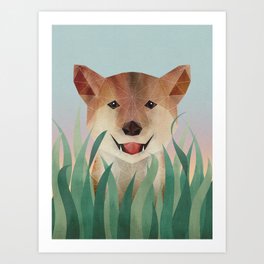 Happy Shiba in the Grass (Sunrise Dog) Art Print