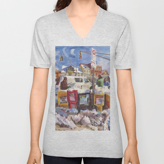 A heavy wet snow blankets Bannister’s Wharf, January in Newport V Neck T Shirt