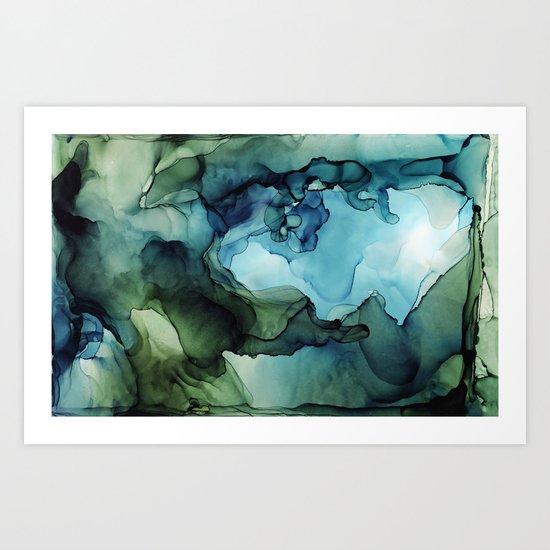 Land And Water Abstract Ink Painting Blues And Greens Art Print By