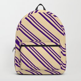 [ Thumbnail: Indigo and Tan Colored Stripes/Lines Pattern Backpack ]