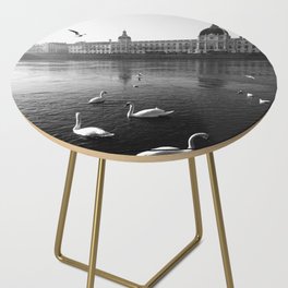 Black and white Hôtel Dieu Lyon | White swans in Rhone river | French cityscape Side Table