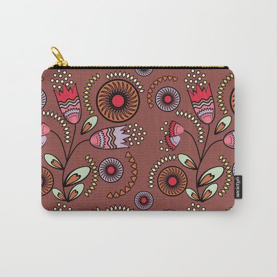Bright stylized flowers on a brown background. Carry-All Pouch
