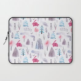 Pink Winter Forest Hop Bunny Watercolor Laptop Sleeve