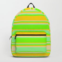 [ Thumbnail: Green, Chartreuse, Yellow & Tan Colored Stripes/Lines Pattern Backpack ]