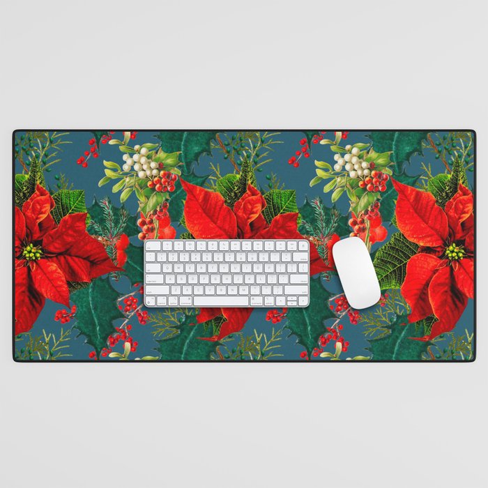 Christmas,poinsettia ,mistletoe,festive, animal print Desk Mat