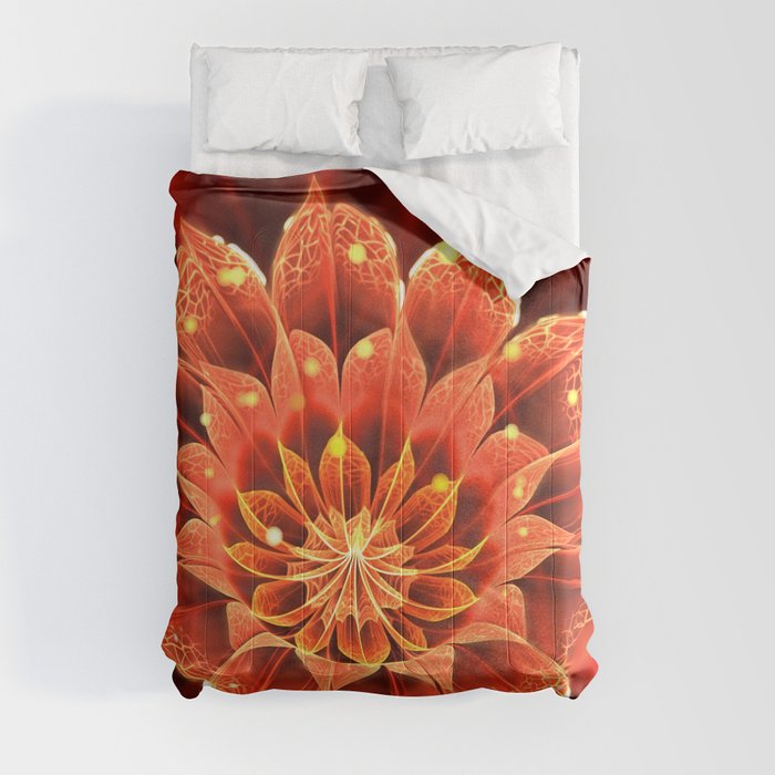 Red Dahlia Fractal Flower with Beautiful Bokeh (Vivid Crimson) Comforter