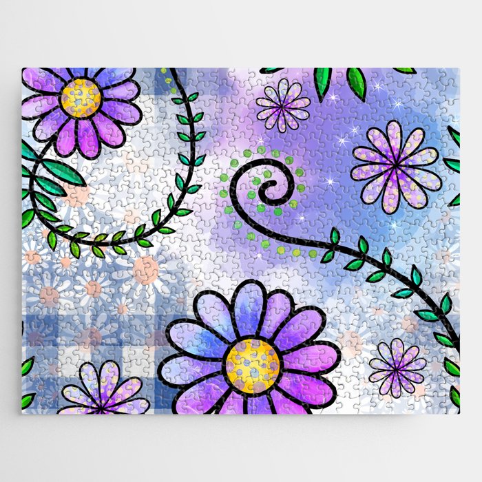 Watercolor Doodle Floral Collage Pattern 05 Jigsaw Puzzle