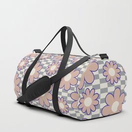 Simple Retro Flowers on Alternative Checkerboard (Muted Neutral Colors) Duffle Bag