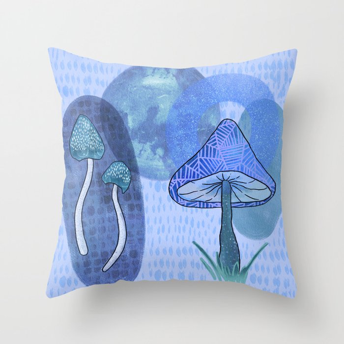 Enchanted Sparkle Mushroom Blues Throw Pillow