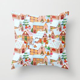 Gingerbread Village Throw Pillow | Reindeer, White, Cookies, Christmas, Painting, Red, Winter, Christmastree, Food, Sled 