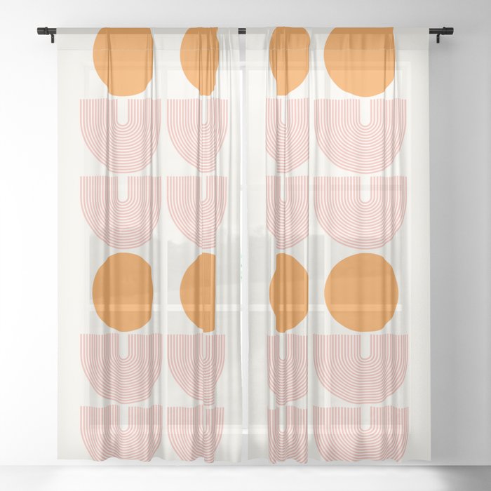 Mid Century Modern Geometric 44 in Coral Orange (Rainbow and Sun Abstraction) Sheer Curtain