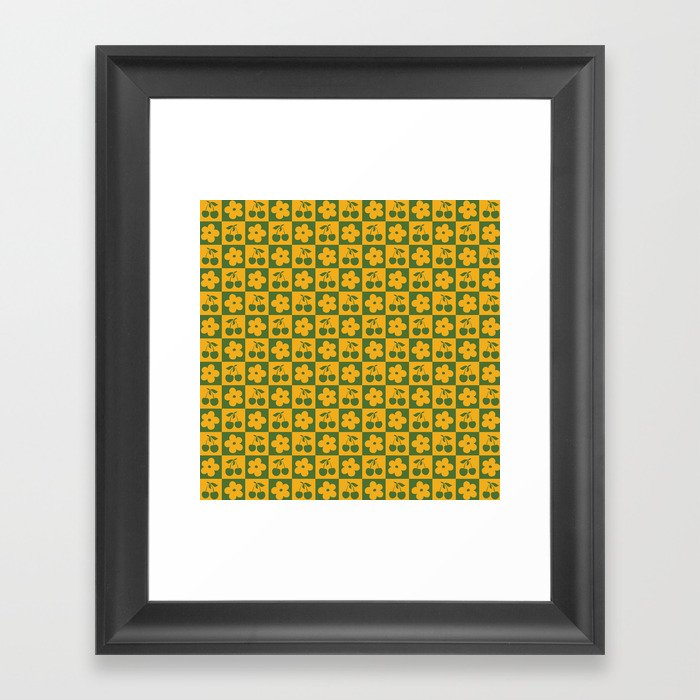Cherry Checkers in Yellow and Green Framed Art Print