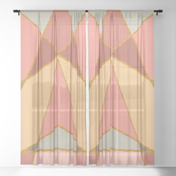 Rose Peach And Grey With Gold Trim Geo Sheer Curtain By