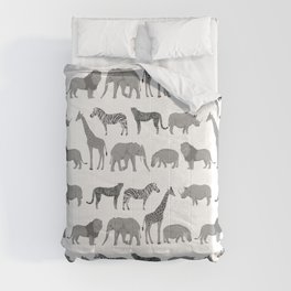 Safari animals minimal grey and white zebra giraffe cheetah hippo rhino nursery Comforter