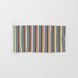 [ Thumbnail: Light Salmon, Black, Grey, Lavender, and Forest Green Colored Stripes Pattern Hand & Bath Towel ]