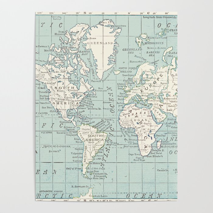 World Map in Blue and Cream Poster