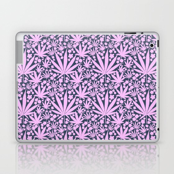 70’s Style Pastel Pink Cannabis And Flowers On Navy  Laptop & iPad Skin