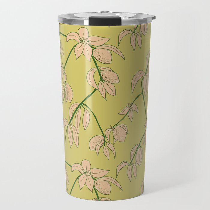 Mustard and Pink lemon branches, botanical pattern, minimal color palette Travel Mug