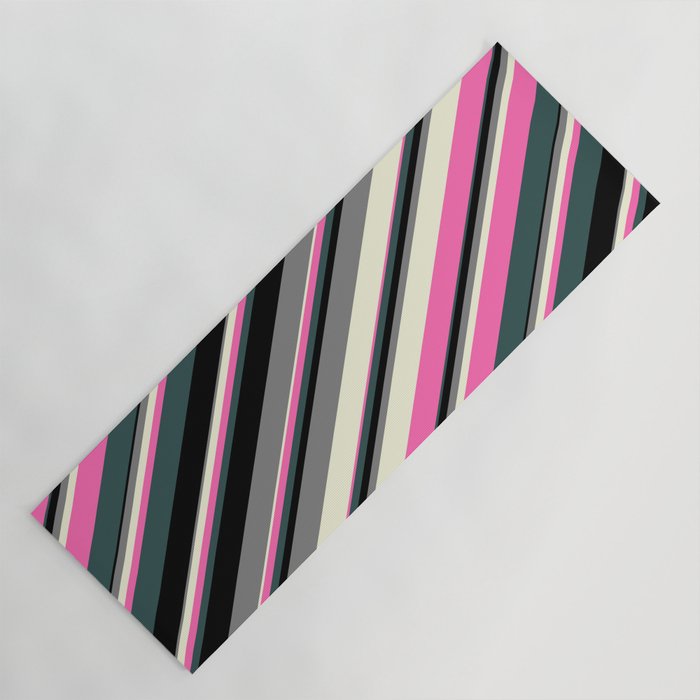Grey, Beige, Hot Pink, Dark Slate Gray, and Black Colored Lines/Stripes Pattern Yoga Mat