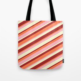 [ Thumbnail: Light Yellow, Brown, Coral & Light Pink Colored Stripes/Lines Pattern Tote Bag ]