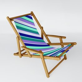 [ Thumbnail: Eye-catching Teal, Purple, Lavender, Dark Blue, and Aquamarine Colored Pattern of Stripes Sling Chair ]