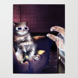 Cat With 3D Glasses Watching 3D Horror Movie Poster