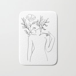 Minimal Line Art Woman with flowers Bath Mat