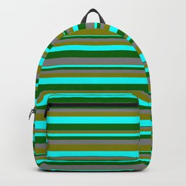[ Thumbnail: Grey, Green, Aqua & Dark Green Colored Stripes/Lines Pattern Backpack ]