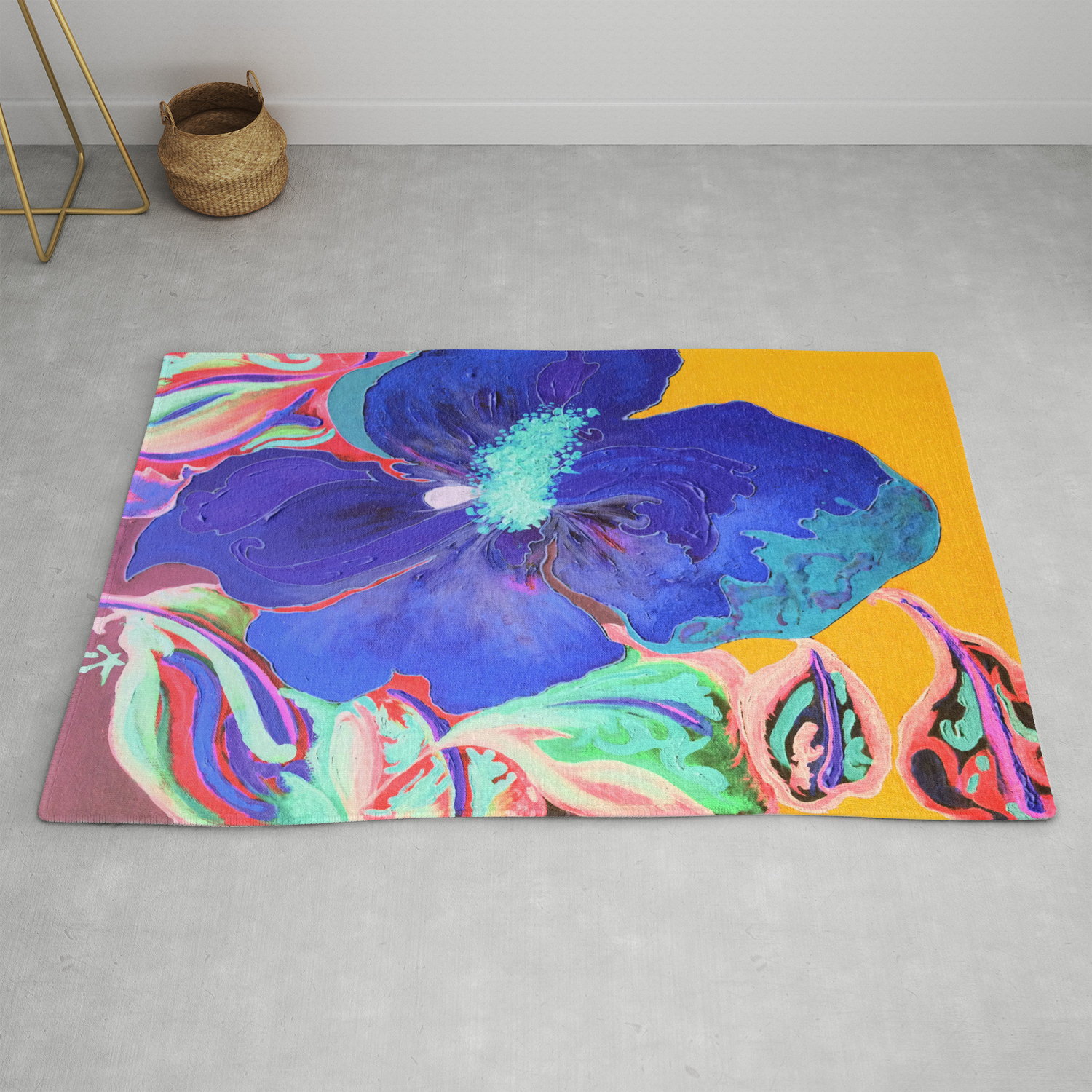 Birthday Acrylic Blue Orange Hibiscus Flower Painting With Red And