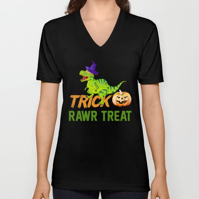 Trick Rawr Treat Halloween T-Rex Funny Dinosaur V Neck T Shirt