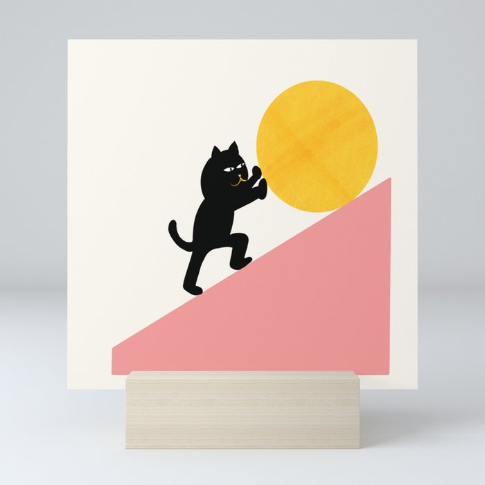 Cat Sisyphus — Cat and Moon Illustration Mini Art Print