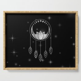 Mystic lotus dream catcher with moons and stars silver Serving Tray