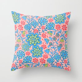 GARDEN WILD BOHO FLORAL in ICY BLUES RED YELLOW ON PINK Throw Pillow