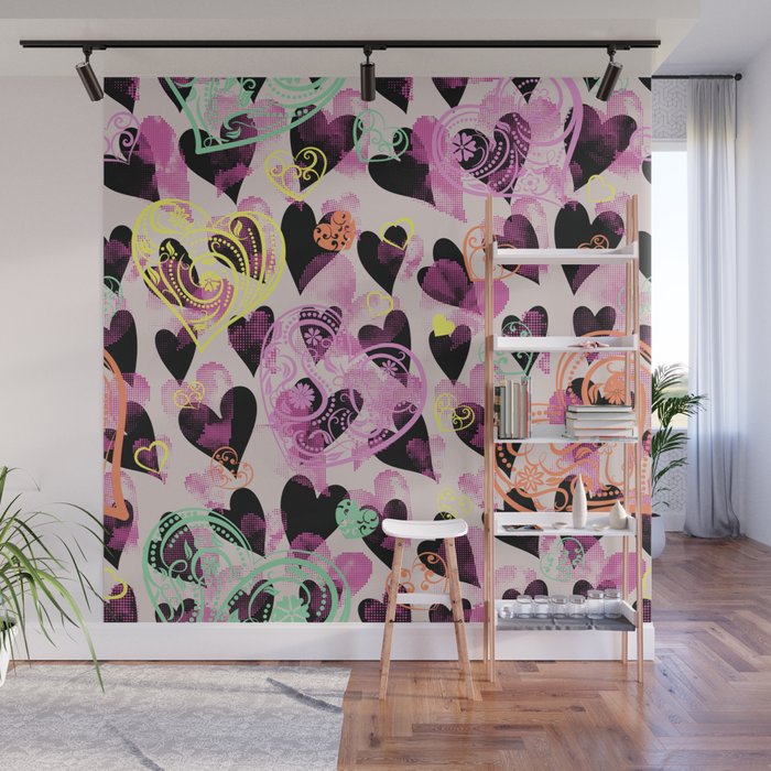 Colorful Heart Doodled Valentines Day Anniversary Pattern Wall Mural