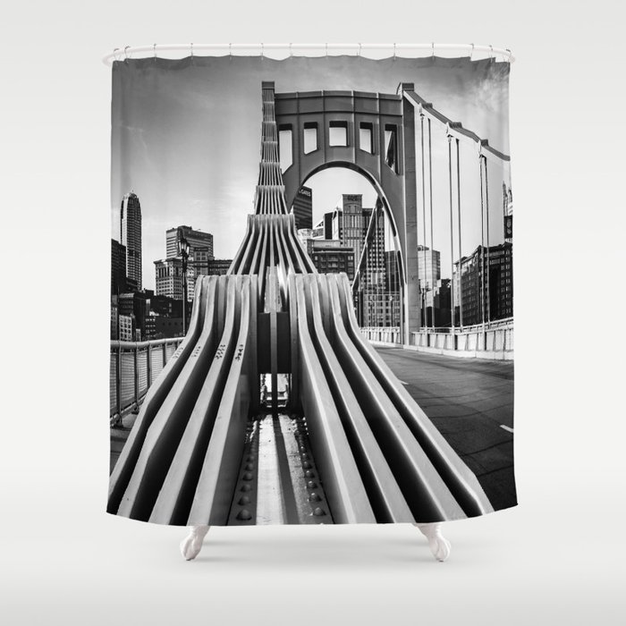 Pittsburgh Pennsylvania Steel City Skyline Bridge Black White Print Shower Curtain
