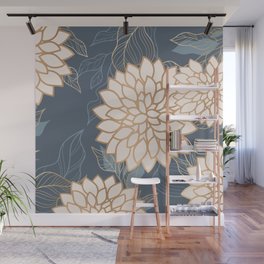 Floral Aesthetic in Blue, Ivory and Gold Wall Mural