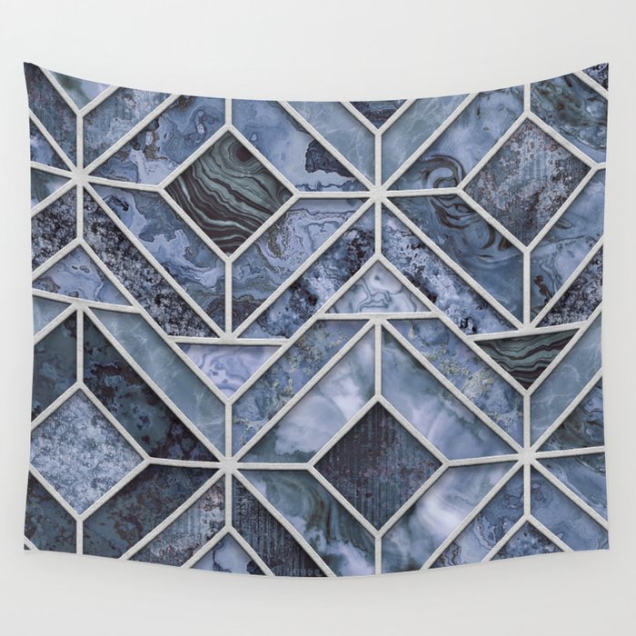Arctic Blue Art Deco Inspired Gemstone Marble Stained Glass Design Wall Tapestry
