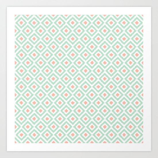 Mint and Coral Diamonds Ikat Pattern Art Print