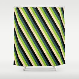[ Thumbnail: Dark Slate Gray, Green, Tan, and Black Colored Pattern of Stripes Shower Curtain ]